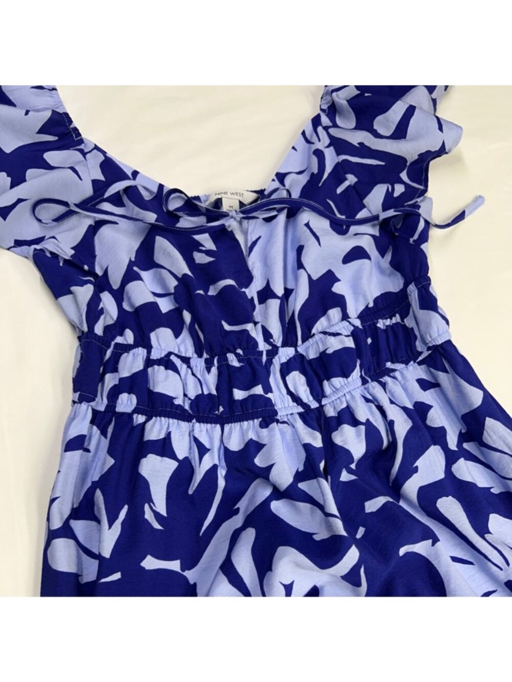 Nine West Blue & White Floral Ruffle Sleeve Maxi Dress With Tie Front Detail Ela - Picture 7 of 16